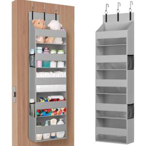 imageLifewit 1 Pack Over the Door Organizer 5 Shelf Clear Window Hanging Storage with 4 Mesh Side Pockets Anti Tilt 40 lbs Load Behind Door for Pantry Nursery Bathroom Bedroom Kitchen Dorm GreyLight Grey