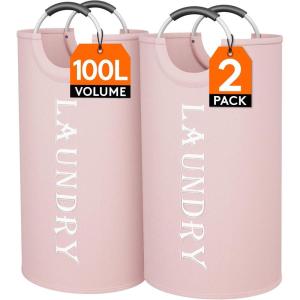 imageLifewit 100L 2Pack Large Laundry Basket Collapsible Laundry Hamper with Aluminum Handles Waterproof Freestanding Dirty Clothes Hampers for Laundry Room Bedroom Dorm Bathroom BlackPink