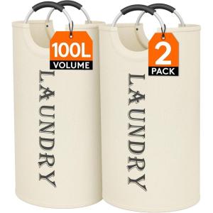 imageLifewit 100L 2Pack Large Laundry Basket Collapsible Laundry Hamper with Aluminum Handles Waterproof Freestanding Dirty Clothes Hampers for Laundry Room Bedroom Dorm Bathroom BlackWhite
