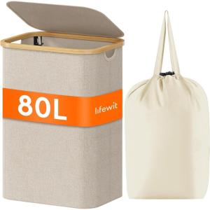 imageLifewit 100L Laundry Basket with Lid Clothes Hampers for Laundry with Bamboo Handles and A Removable Bag Large Foldable Laundry Hamper for Bedroom Bathroom Dorm Laundry Room GrayBeige