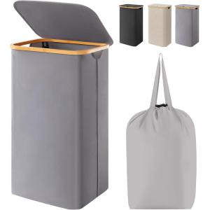 imageLifewit 100L Laundry Basket with Lid Clothes Hampers for Laundry with Bamboo Handles and A Removable Bag Large Foldable Laundry Hamper for Bedroom Bathroom Dorm Laundry Room GrayGray