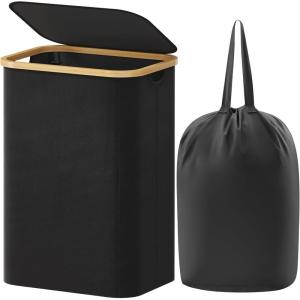 imageLifewit 100L Laundry Basket with Lid Clothes Hampers for Laundry with Bamboo Handles and A Removable Bag Large Foldable Laundry Hamper for Bedroom Bathroom Dorm Laundry Room GrayBlack