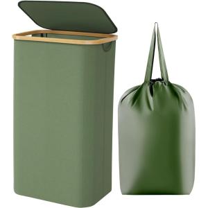 imageLifewit 100L Laundry Basket with Lid Clothes Hampers for Laundry with Bamboo Handles and A Removable Bag Large Foldable Laundry Hamper for Bedroom Bathroom Dorm Laundry Room GrayGreen