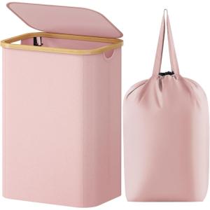 imageLifewit 100L Laundry Basket with Lid Clothes Hampers for Laundry with Bamboo Handles and A Removable Bag Large Foldable Laundry Hamper for Bedroom Bathroom Dorm Laundry Room GrayPink