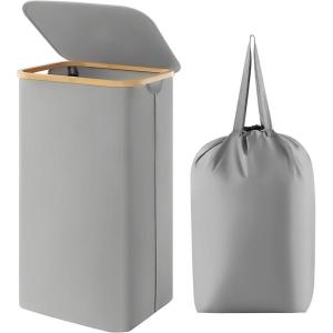 imageLifewit 100L Laundry Basket with Lid Clothes Hampers for Laundry with Bamboo Handles and A Removable Bag Large Foldable Laundry Hamper for Bedroom Bathroom Dorm Laundry Room GraySilver Grey