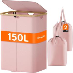 imageLifewit 120L Double Laundry Hamper with Lid Large Dual Laundry Basket Removable Bags 2 Sections Aesthetic Clothes Hampers for Laundry with Bamboo Handles for Bedroom Bathroom Dorm BlackPink
