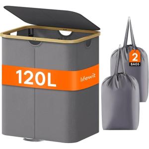 imageLifewit 120L Double Laundry Hamper with Lid Large Dual Laundry Basket Removable Bags 2 Sections Aesthetic Clothes Hampers for Laundry with Bamboo Handles for Bedroom Bathroom Dorm BlackGrey