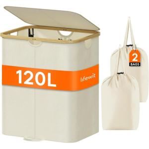 imageLifewit 120L Double Laundry Hamper with Lid Large Dual Laundry Basket Removable Bags 2 Sections Aesthetic Clothes Hampers for Laundry with Bamboo Handles for Bedroom Bathroom Dorm BlackBeige