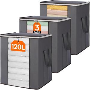 imageLifewit 120L Extra Large Blanket Storage Bags Foldable Comforter Storage with Reinforced Handles Clothes Storage Containers for King Comforter Bedding Pillow Sheet Storage Bin with Lids 3 Pack3