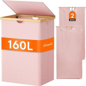 imageLifewit 160L Double Laundry Hamper with Lid Extra Large Bamboo Laundry Basket Dirty Clothes Hamper 2 Section Laundry Bin Organizer for Laundry Room Bedroom with 2 Removable Liners ampamp Bags BlackPink