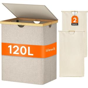 imageLifewit 160L Double Laundry Hamper with Lid Extra Large Bamboo Laundry Basket Dirty Clothes Hamper 2 Section Laundry Bin Organizer for Laundry Room Bedroom with 2 Removable Liners ampamp Bags BlackBeige