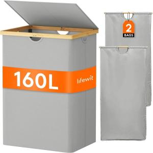 imageLifewit 160L Double Laundry Hamper with Lid Extra Large Bamboo Laundry Basket Dirty Clothes Hamper 2 Section Laundry Bin Organizer for Laundry Room Bedroom with 2 Removable Liners ampamp Bags BlackSilver Gray