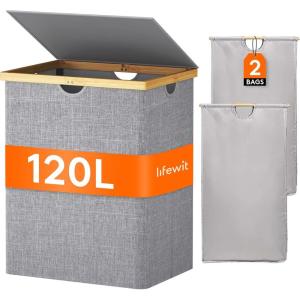 imageLifewit 160L Double Laundry Hamper with Lid Extra Large Bamboo Laundry Basket Dirty Clothes Hamper 2 Section Laundry Bin Organizer for Laundry Room Bedroom with 2 Removable Liners ampamp Bags BlackLight Gray