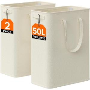 imageLifewit 2 Pack Slim Laundry Hamper Collapsible Narrow Laundry Basket Small Tall Dirty Clothes Hampers with Handles for Bathroom Bedroom College Dorm Black 50LWhite