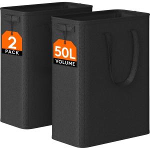 imageLifewit 2 Pack Slim Laundry Hamper Collapsible Narrow Laundry Basket Small Tall Dirty Clothes Hampers with Handles for Bathroom Bedroom College Dorm Black 50LBlack