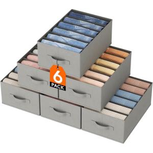 imageLifewit 3 Pack Clothes Organizer 6 Grids Closet Jean Storage Bins with Handles and Support Boards Foldable Drawer Organizer for Sweater Pants Tshirt Dress Grey Size 165x106x716