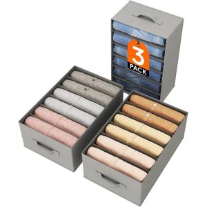 imageLifewit 3 Pack Clothes Organizer 6 Grids Closet Jean Storage Bins with Handles and Support Boards Foldable Drawer Organizer for Sweater Pants Tshirt Dress Grey Size 165x106x713