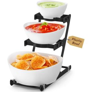 imageLifewit 3 Tier Plastic Serving Bowls with Metal Stand Chips and Dip Serving Tray Set for Entertaining Party CrackProof Serving Platters for FruitSaladSnackDessert AppetizerCandy GoldBlack