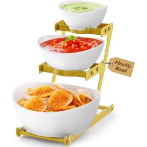 imageLifewit 3 Tier Plastic Serving Bowls with Metal Stand Chips and Dip Serving Tray Set for Entertaining Party CrackProof Serving Platters for FruitSaladSnackDessert AppetizerCandy GoldGold