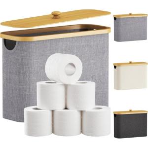 imageLifewit 30L Toilet Paper Storage Holder for 12 to 16 Rolls Free Standing Toilet Paper Basket Stand with Bamboo Lid Collapsible Fabric Bathroom Organizer Box for Mega Rolls Large WhiteGray