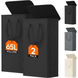 imageLifewit 65L Slim Laundry Hamper Small Laundry Basket with Lid Dirty Narrow Collapsible Clothes Storage with Easy Carry Extended Handles Tall Hampers for Bedroom Laundry Room White 2 PacksBlack