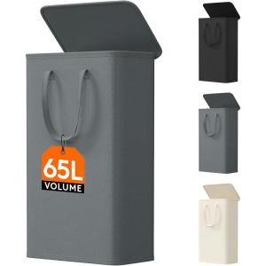 imageLifewit 65L Slim Laundry Hamper Small Laundry Basket with Lid Dirty Narrow Collapsible Clothes Storage with Easy Carry Extended Handles Tall Hampers for Bedroom Laundry Room White 1 PackGray