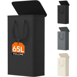 imageLifewit 65L Slim Laundry Hamper Small Laundry Basket with Lid Dirty Narrow Collapsible Clothes Storage with Easy Carry Extended Handles Tall Hampers for Bedroom Laundry Room White 1 PackBlack