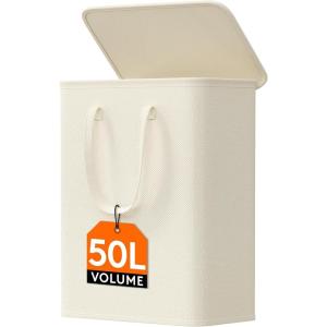 imageLifewit 65L Slim Laundry Hamper Small Laundry Basket with Lid Dirty Narrow Collapsible Clothes Storage with Easy Carry Extended Handles Tall Hampers for Bedroom Laundry Room White 1 PackWhite