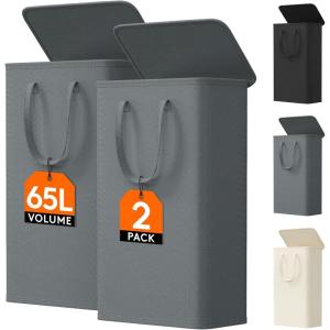 imageLifewit 65L Slim Laundry Hamper Small Laundry Basket with Lid Dirty Narrow Collapsible Clothes Storage with Easy Carry Extended Handles Tall Hampers for Bedroom Laundry Room White 2 PacksGray