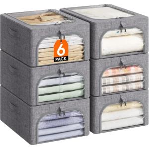 imageLifewit Clothes Storage Bins with Metal Frame 6 Pack Fabric Stackable Storage Bags with Lids Zipper Foldable Clost Organizers Containers for Clothing Blanket Winter Cloth 40L6