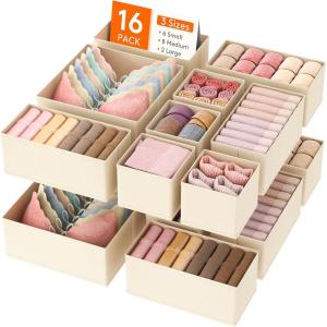 imageLifewit Drawer Organizer Clothes for Closet 16 Pack 3 Sizes Underwear Wardrobe Drawer Dividers Fabric Foldable Dresser Storage Organizer Bins for Sock Bra Lingerie Undies GreyKhaki