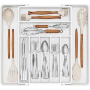 imageLifewit Expandable Silverware Drawer Organizer 167 inches Deep Adjustable Utensil Cutlery Tray for kitchen Plastic Flatware Spoon Fork Knives Holder Storage Divider 7 Compartment 1 Pack BlackWhite