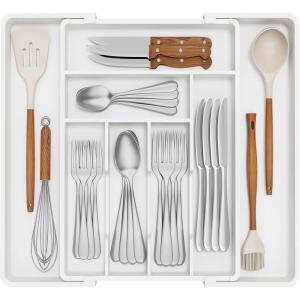 imageLifewit Expandable Silverware Drawer Organizer 224 x 167 x 2 inches Adjustable Utensil Cutlery Tray for kitchen Plastic Flatware Spoon Fork Knives Holder Storage Divider1 Pack GrayWhite