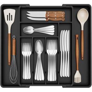 imageLifewit Expandable Silverware Drawer Organizer 224 x 167 x 2 inches Adjustable Utensil Cutlery Tray for kitchen Plastic Flatware Spoon Fork Knives Holder Storage Divider1 Pack GrayBlack