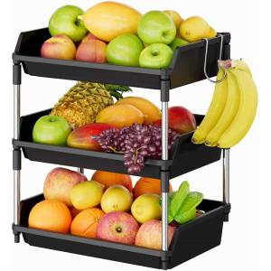 imageLifewit Fruit Basket for Kitchen Counter 3 Tier Fruit Bowl with Banana Hanger Vegetable Storage Stand Holder Organizer for Bread Snack Produce Black