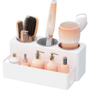 imageLifewit Hair Tool Organizer Removable Hair Dryer Holder Countertop Acrylic Hot Tools Organizer with 3 Stainless Cups for Curling Iron Straightener Hairbrush Makeup Accessories in Bathroom WhiteWhite