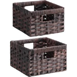 imageLifewit Handwoven PP Wicker Storage Basket Waterproof Imitation Rattan Basket with Builtin Handles Rectangle Baskets for Organizing Shelves Pantry Burlywood 2Pack LargeMediumBlack