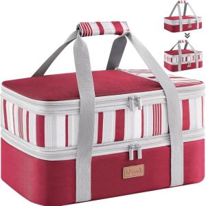 imageLifewit Insulated Double Casserole Carrier Thermal Lunch Tote for Potluck Parties Picnic Beach Fits 9 x 13 Inches Casserole Dish Expandable by Mid Zipper GreyRed