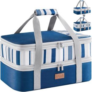 imageLifewit Insulated Double Casserole Carrier Thermal Lunch Tote for Potluck Parties Picnic Beach Fits 9 x 13 Inches Casserole Dish Expandable by Mid Zipper GreyBlue