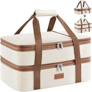 imageLifewit Insulated Double Casserole Carrier Thermal Lunch Tote for Potluck Parties Picnic Beach Fits 9 x 13 Inches Casserole Dish Expandable by Mid Zipper GreyCream