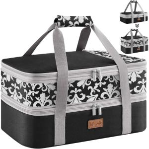 imageLifewit Insulated Double Casserole Carrier Thermal Lunch Tote for Potluck Parties Picnic Beach Fits 9 x 13 Inches Casserole Dish Expandable by Mid Zipper GreyBlackFlowers