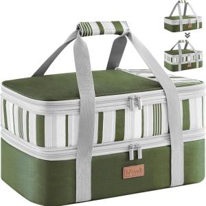 imageLifewit Insulated Double Casserole Carrier Thermal Lunch Tote for Potluck Parties Picnic Beach Fits 9 x 13 Inches Casserole Dish Expandable by Mid Zipper GreyDark Green