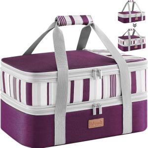 imageLifewit Insulated Double Casserole Carrier Thermal Lunch Tote for Potluck Parties Picnic Beach Fits 9 x 13 Inches Casserole Dish Expandable by Mid Zipper GreyPurple