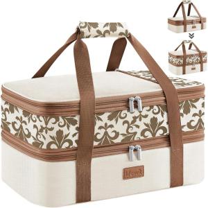 imageLifewit Insulated Double Casserole Carrier Thermal Lunch Tote for Potluck Parties Picnic Beach Fits 9 x 13 Inches Casserole Dish Expandable by Mid Zipper GreyCreamflowers