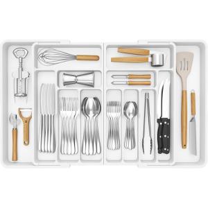 imageLifewit Large Silverware Drawer Organizer Expandable From 21 to 36 Inches BPA Free Plastic Utensil Tray for Kitchen Adjustable Flatware and Cutlery Holder for Spoons Forks Knives BlackWhite