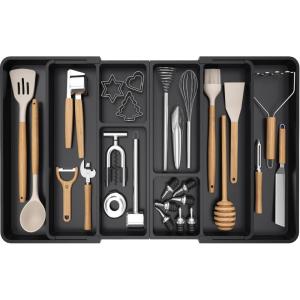imageLifewit Large Utensil Organizer for Kitchen Drawer Expandable 214 to 36 Inches Wide Adjustable Cooking Silverware Tray Bamboo Cutlery Flatware Holder Spatula Tool Gadget Storage Divider NaturalBlack