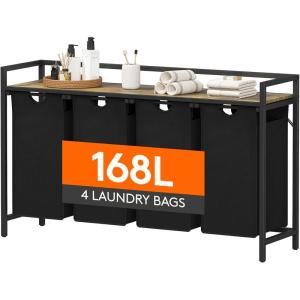 imageLifewit Laundry Hamper 4 Section 168L Pull out Laundry Clothes Basket Organizer with Large Top Shelf and 4 Removable Bags and Handles for Laundry Room Bedroom Bathroom Black with ShelvesBlack