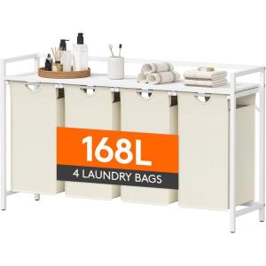 imageLifewit Laundry Hamper 4 Section 168L Pull out Laundry Clothes Basket Organizer with Large Top Shelf and 4 Removable Bags and Handles for Laundry Room Bedroom Bathroom Black with ShelvesWhite