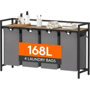 imageLifewit Laundry Hamper 4 Section 168L Pull out Laundry Clothes Basket Organizer with Large Top Shelf and 4 Removable Bags and Handles for Laundry Room Bedroom Bathroom Black with ShelvesGray