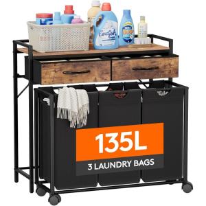 imageLifewit Laundry hamper 3 Section Large Rolling Laundry Sorter with Shelf ampamp 2 Drawers PullOut Laundry Basket Organizer with Wheels and Removable Bag for Laundry Room Bathroom Rustic Brown and BlackRustic Brown